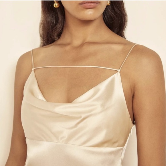Reformation meta midi dress in almond champagne cream tan color cowl scoop neck - Picture 2 of 7